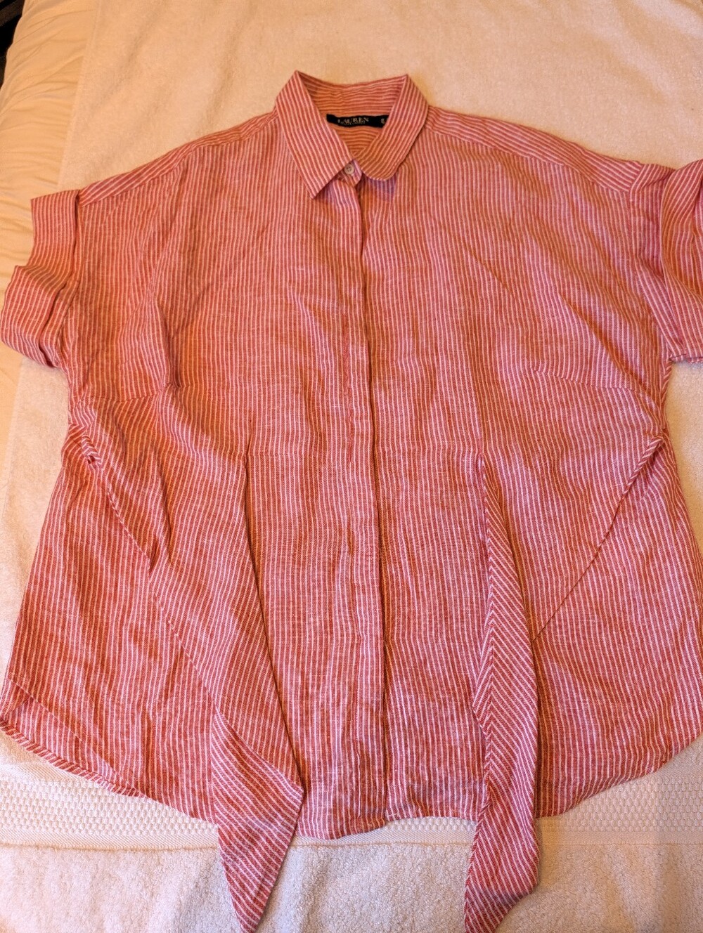 Lauren Ralph Lauren 1X Striped 100% Linen Tie Front Short Sleeve Shirt